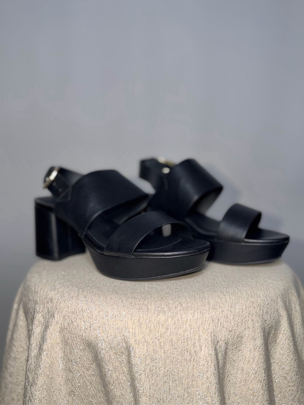 Aerosoles Camera Women's Black Leather Platform Block Heel Sandals Size 7